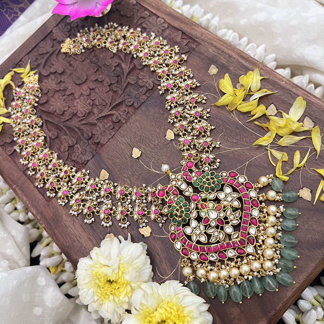 Vriksham Exquisite Pendant with two layer Kundan Jadau Long Neckpiece-Pastel Green Beads-J3685