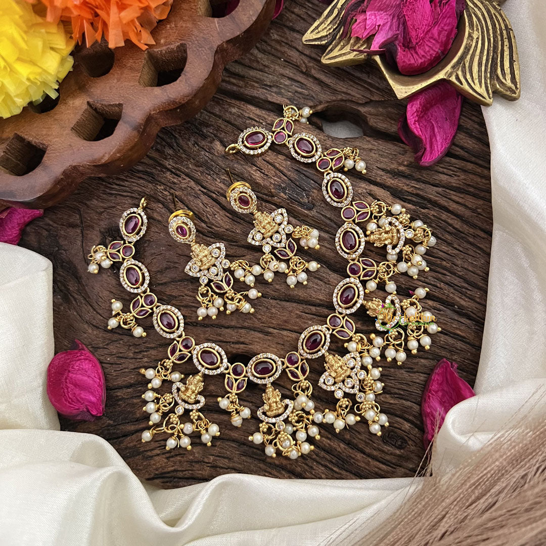 Vriksham Red Stone 5 Lakshmi Choker-White Pearls-G16310