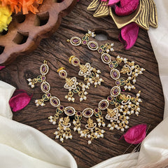 Vriksham Red Green Stone 5 Lakshmi Choker-White Pearls-G16309