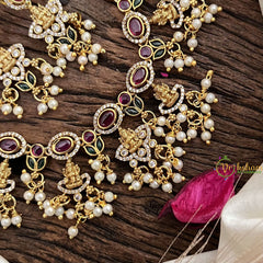 Vriksham Red Green Stone 5 Lakshmi Choker-White Pearls-G16309