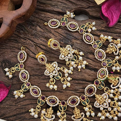Vriksham Red Green Stone 5 Lakshmi Choker-White Pearls-G16309