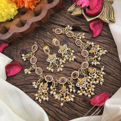 Vriksham Red Green Stone 5 Lakshmi Choker-White Pearls-G16309