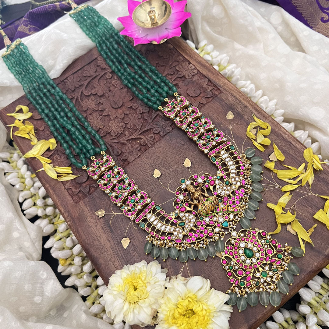 Vriksham Lakshmi with Dual Peacock Pendant Jadau Kundan 6 Layer Green Beaded Maala neckpiece-J3717