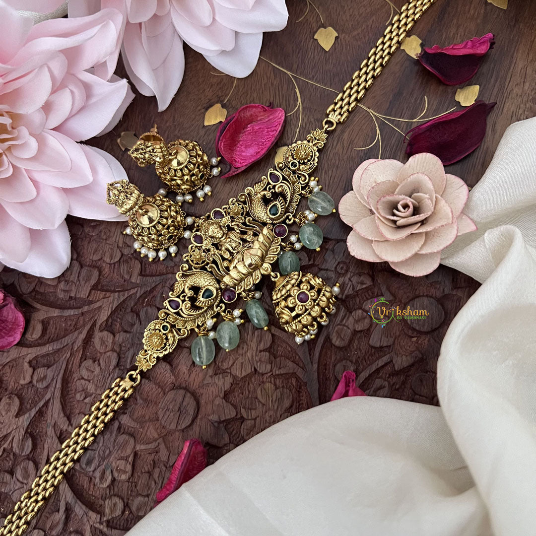 Vriksham Gold Dual Peacock Lakshmai Choker -Light Green Beds-Jhumka-G18167