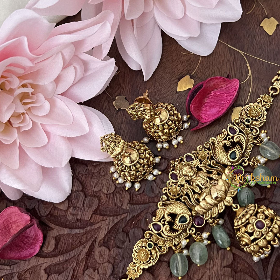 Vriksham Gold Dual Peacock Lakshmai Choker -Light Green Beds-Jhumka-G18167
