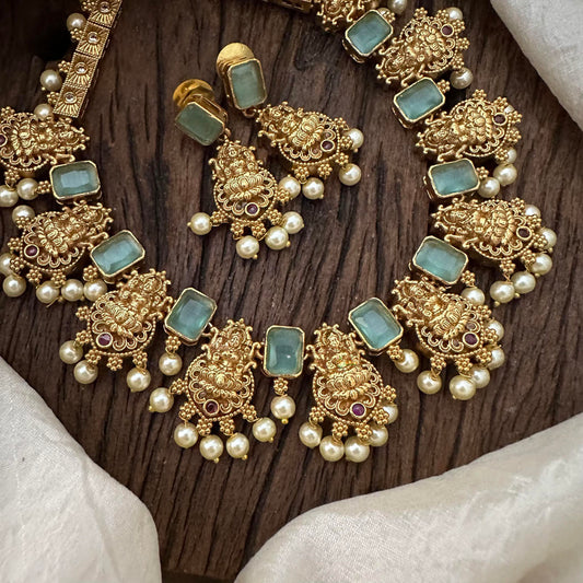 Antique AD Stone Lakshmi Short Neckpiece-Aqua Green-Pearl-G12885