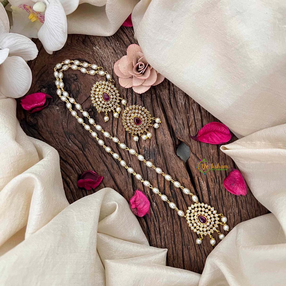 Vriksham Elegant Red Ruby Stone Pear Pendant Pearl Layer Chain Neckpiece-G21622