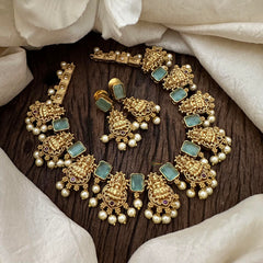 Antique AD Stone Lakshmi Short Neckpiece-Aqua Green-Pearl-G12885