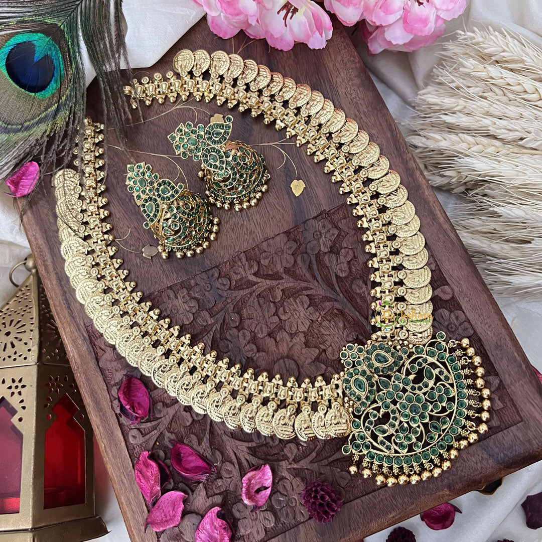 Vriksham Dual Maanga with Peacock Coin Haram-Kaasumala-Green-Gold Bead-G18497
