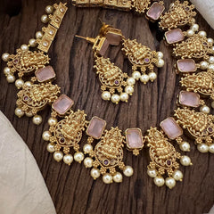 Antique AD Stone Lakshmi Short Neckpiece-Baby Pink-Pearl-G12886