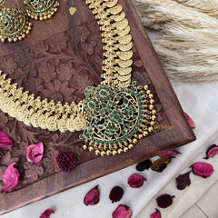 Vriksham Dual Maanga with Peacock Coin Haram-Kaasumala-Green-Gold Bead-G18497