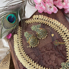 Vriksham Dual Maanga with Peacock Coin Haram-Kaasumala-Green-Gold Bead-G18497