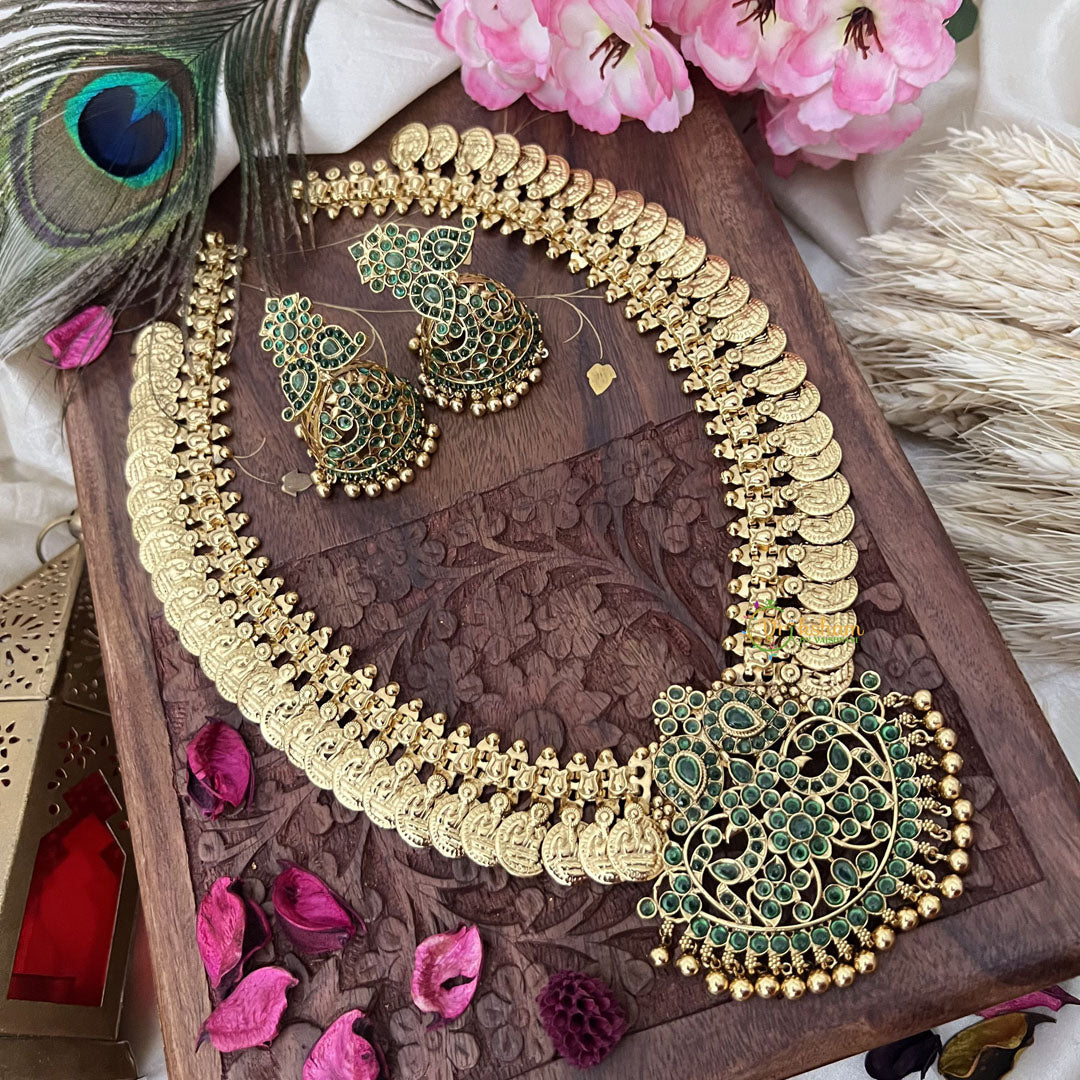 Vriksham Dual Maanga with Peacock Coin Haram-Kaasumala-Green-Gold Bead-G18497