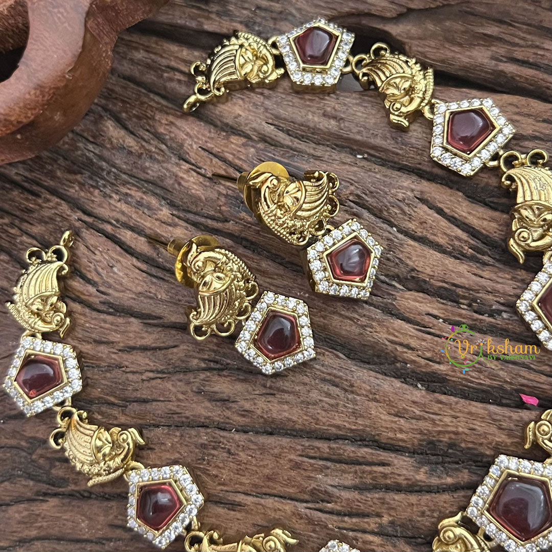 Vriksham Pentagon with Peacock Red Short Neckpiece-G16285