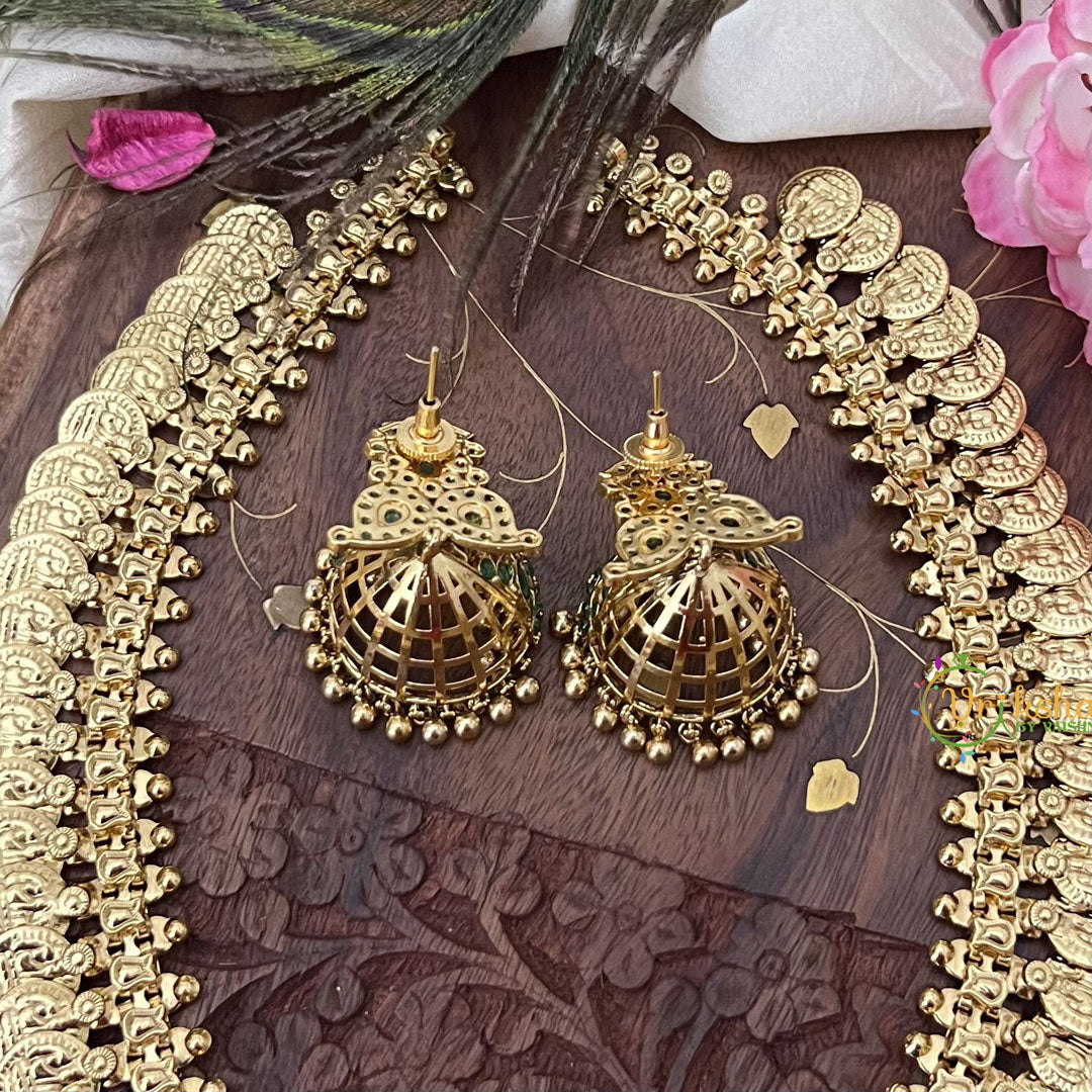 Vriksham Dual Maanga with Peacock Coin Haram-Kaasumala-Green-Gold Bead-G18497