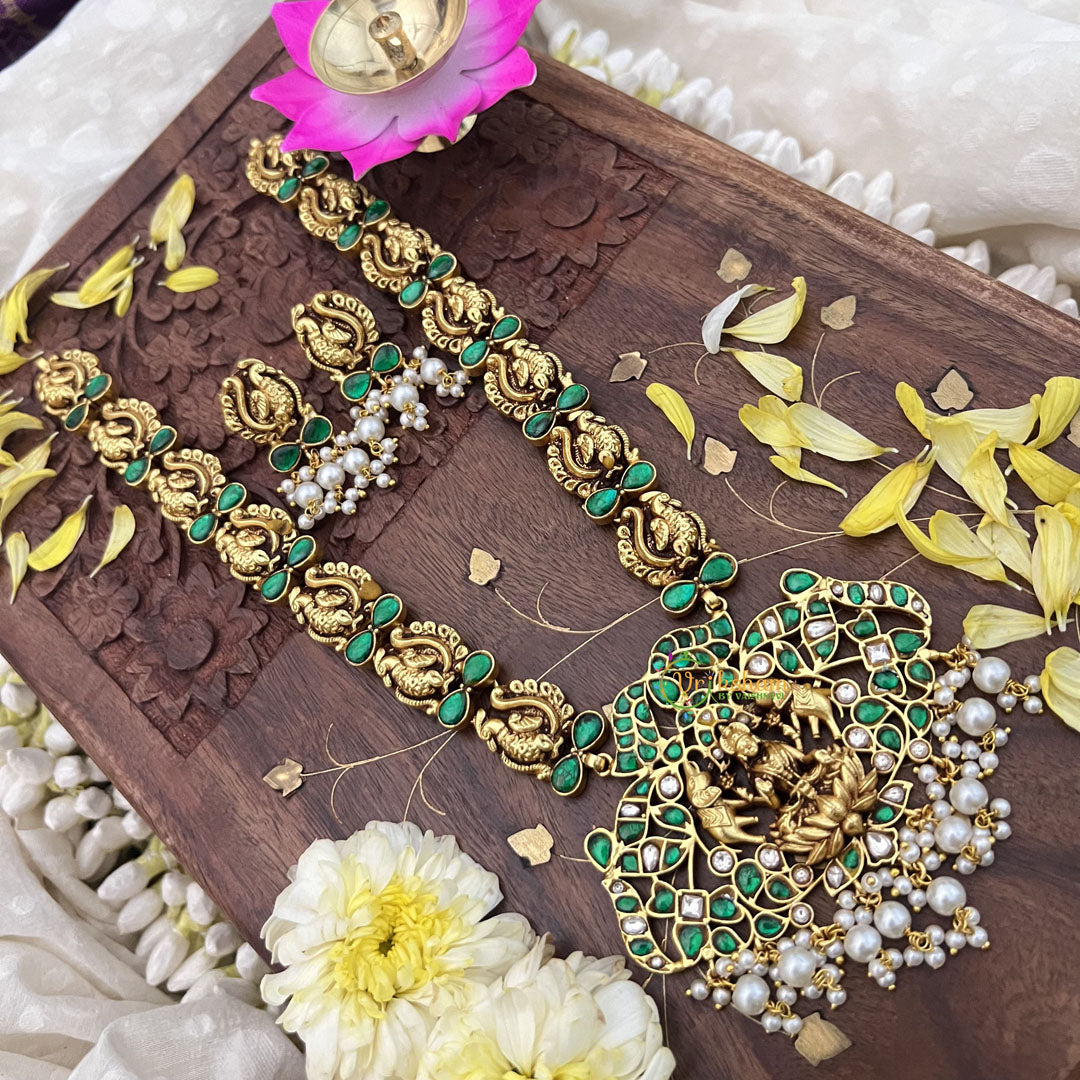Vriksham Lakshmi With Dual Elephant Kundan Jadau Long Neckpiece-Green-White Bead-J3722