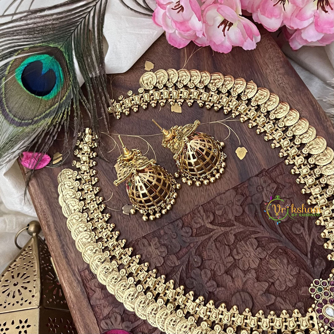 Vriksham Dual Maanga with Peacock Coin Haram-Kaasumala-Red White-Gold Bead-G18494