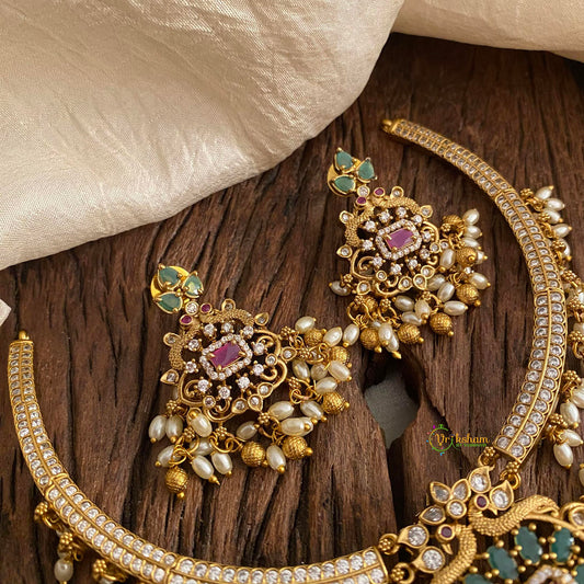 Premium AD Stone Pendant Hasli Choker-Rice Pearls-G12094