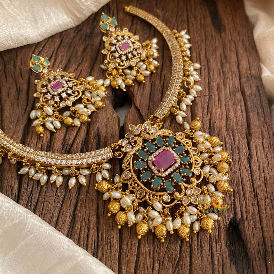 Premium AD Stone Pendant Hasli Choker-Rice Pearls-G12094