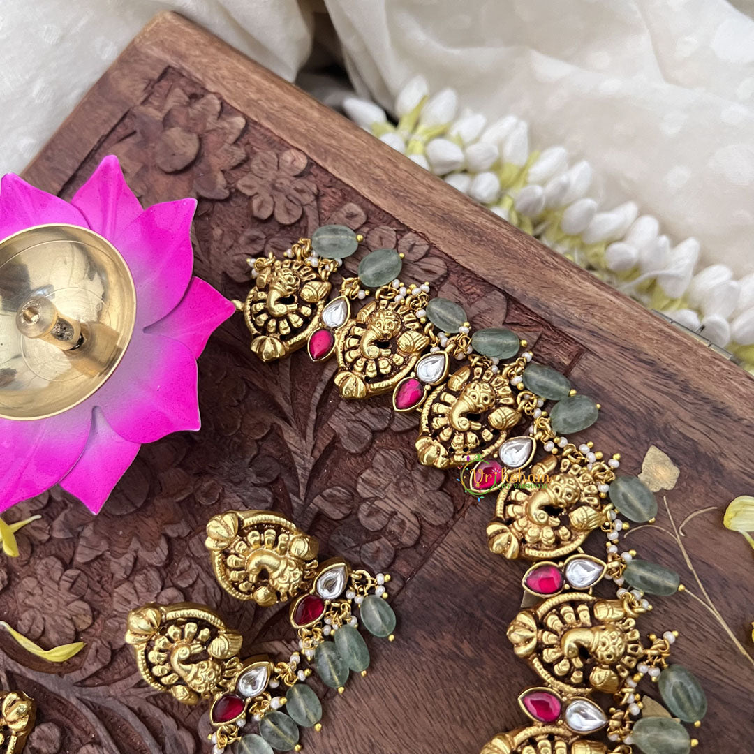 Vriksham Lakshmi With Peacock Kundan Jadau Short Neckpiece-Pastel Green Bead-J3724