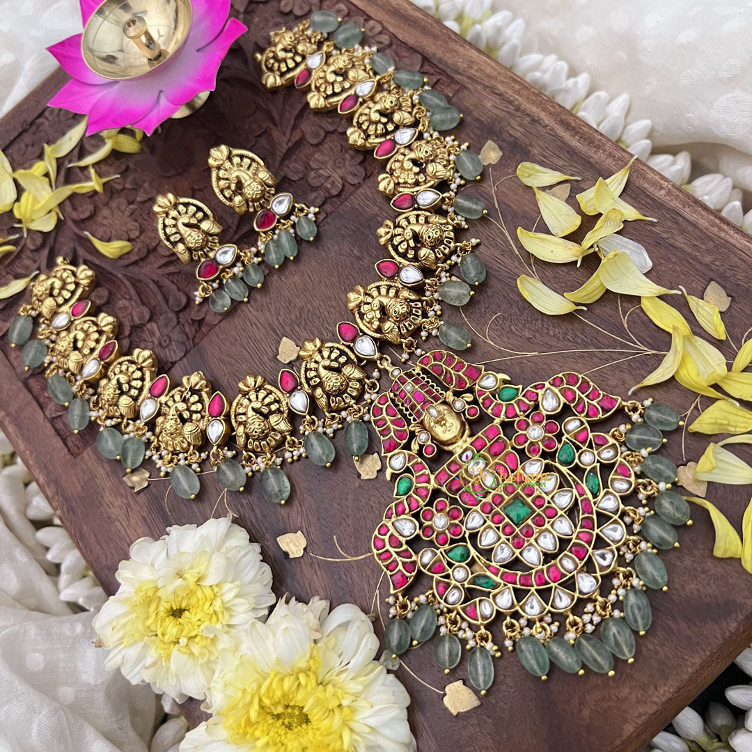 Vriksham Lakshmi With Peacock Kundan Jadau Short Neckpiece-Pastel Green Bead-J3724