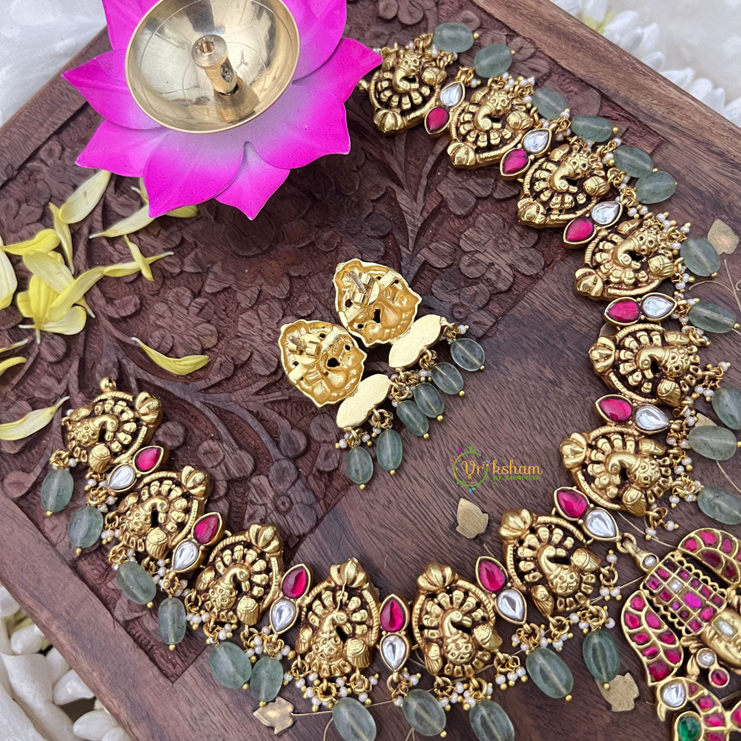 Vriksham Lakshmi With Peacock Kundan Jadau Short Neckpiece-Pastel Green Bead-J3724