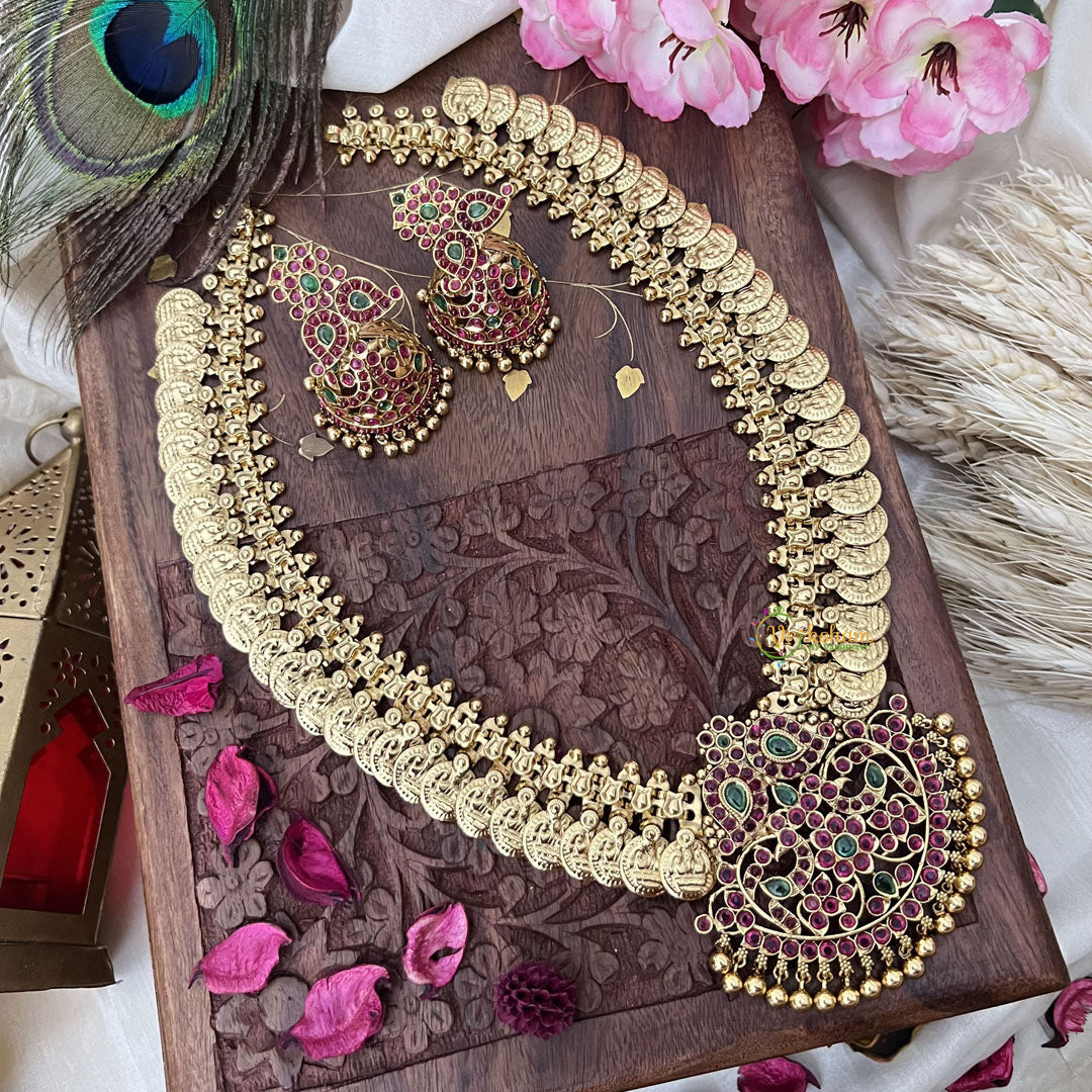 Vriksham Dual Maanga with Peacock Coin Haram-Kaasumala-Red Green-Gold Bead-G18495