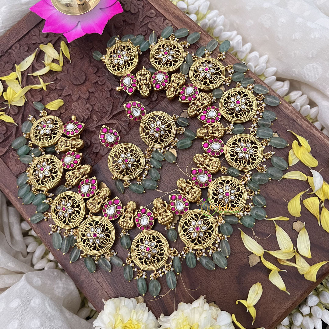 Vriksham Lakshmi With Coin Kundan Jadau Short Neckpiece-Pastel Green Bead-J3726
