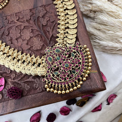 Vriksham Dual Maanga with Peacock Coin Haram-Kaasumala-Red Green-Gold Bead-G18495