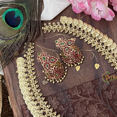 Vriksham Dual Maanga with Peacock Coin Haram-Kaasumala-Red Green-Gold Bead-G18495