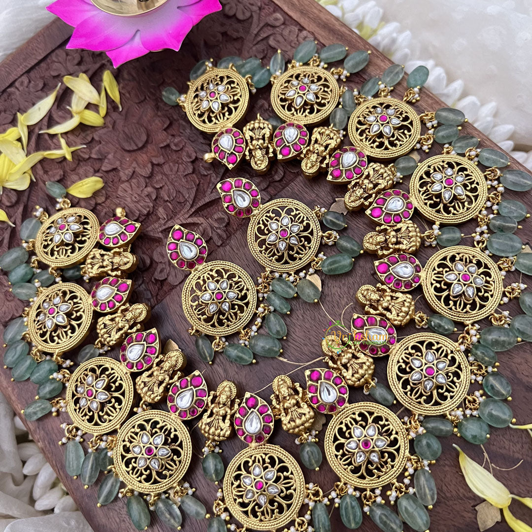 Vriksham Lakshmi With Coin Kundan Jadau Short Neckpiece-Pastel Green Bead-J3726