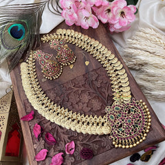 Vriksham Dual Maanga with Peacock Coin Haram-Kaasumala-Red Green-Gold Bead-G18495