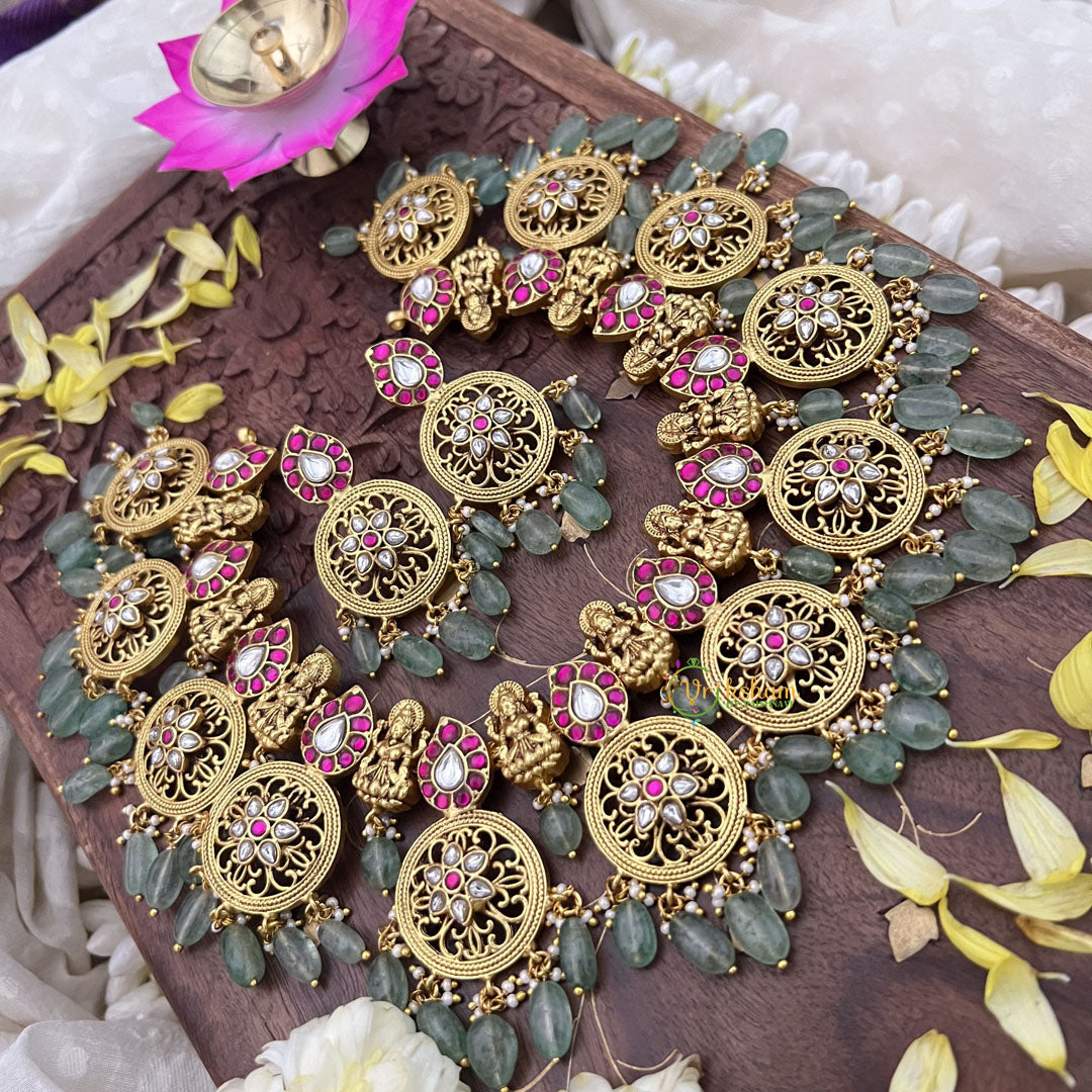 Vriksham Lakshmi With Coin Kundan Jadau Short Neckpiece-Pastel Green Bead-J3726