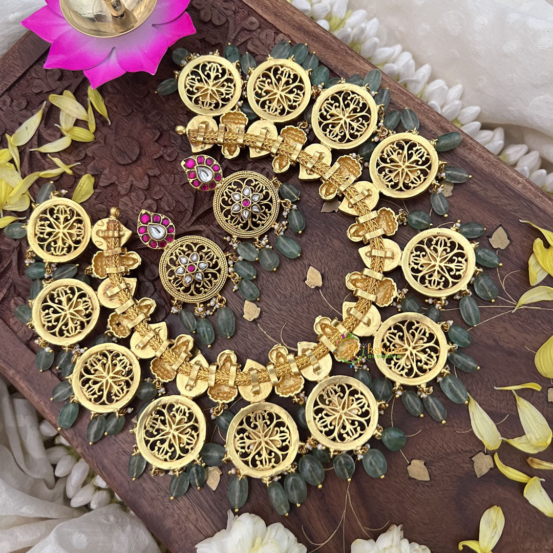 Vriksham Lakshmi With Coin Kundan Jadau Short Neckpiece-Pastel Green Bead-J3726