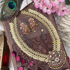 Vriksham Dual Maanga with Peacock Coin Haram-Kaasumala-Red White-Gold Bead-G18498