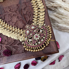 Vriksham Dual Maanga with Peacock Coin Haram-Kaasumala-Red White-Gold Bead-G18498