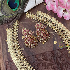 Vriksham Dual Maanga with Peacock Coin Haram-Kaasumala-Red White-Gold Bead-G18498