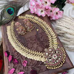 Vriksham Dual Maanga with Peacock Coin Haram-Kaasumala-Red White-Gold Bead-G18498