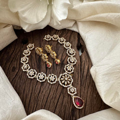 Floral AD Stone Pendant Short Neckpiece-Red-G12829