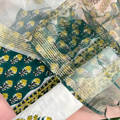 Bottle Green Color Cotton Suit Material Set-Bagru Printed-VS3425