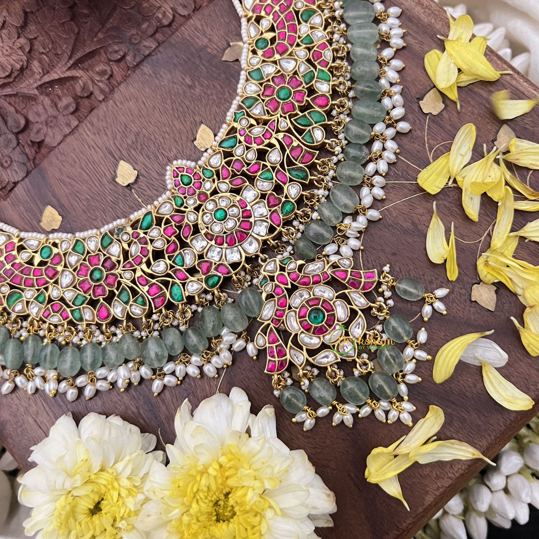 Vriksham Exquisite Kundan Jadau Short Neckpiece-Pastel Green Bead-Rice Pearl-J3727