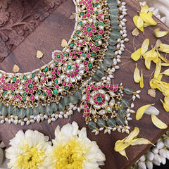 Vriksham Exquisite Kundan Jadau Short Neckpiece-Pastel Green Bead-Rice Pearl-J3727