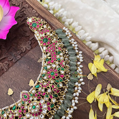 Vriksham Exquisite Kundan Jadau Short Neckpiece-Pastel Green Bead-Rice Pearl-J3727