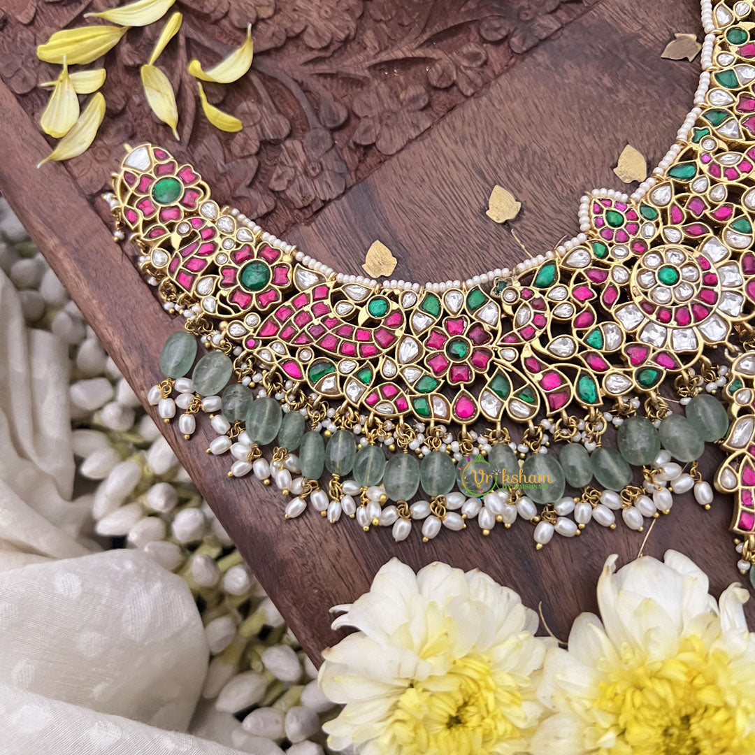 Vriksham Exquisite Kundan Jadau Short Neckpiece-Pastel Green Bead-Rice Pearl-J3727