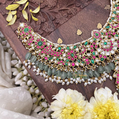 Vriksham Exquisite Kundan Jadau Short Neckpiece-Pastel Green Bead-Rice Pearl-J3727