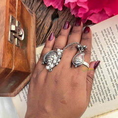 Vriksham Elegant Double Ring Chain Connector Peacock & Manga Adjustable With Pearl Drops Finger Ring -S1140