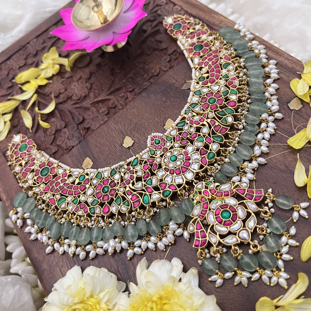 Vriksham Exquisite Kundan Jadau Short Neckpiece-Pastel Green Bead-Rice Pearl-J3727