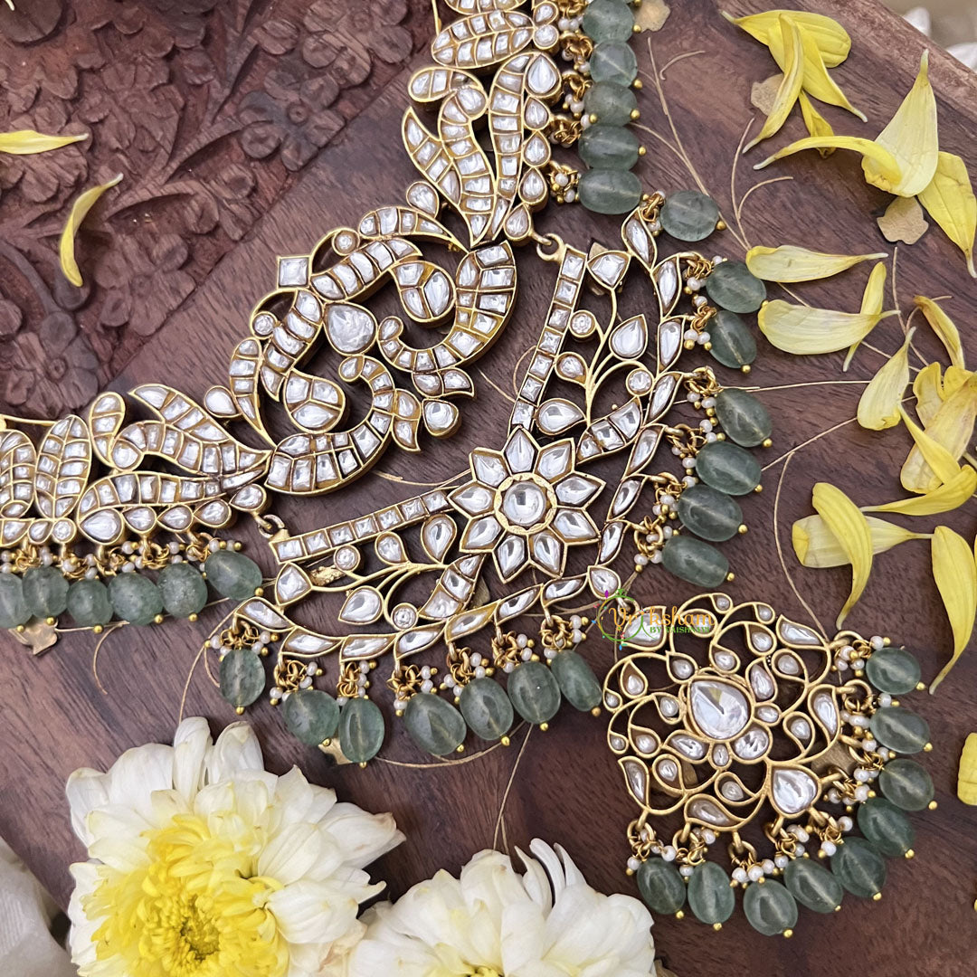Vriksham Kundan Jadau Layered Short Neckpiece-Pastel Green Bead-White-J3728