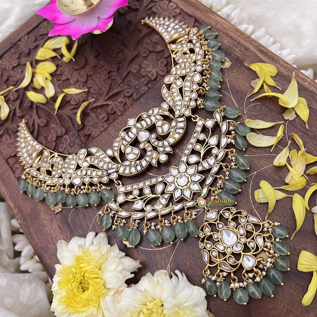 Vriksham Kundan Jadau Layered Short Neckpiece-Pastel Green Bead-White-J3728