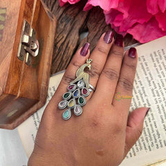 Vriksham Oxidized Silver Peacock Statement With Multi-Color Navratna Style Figure Ring-S1160